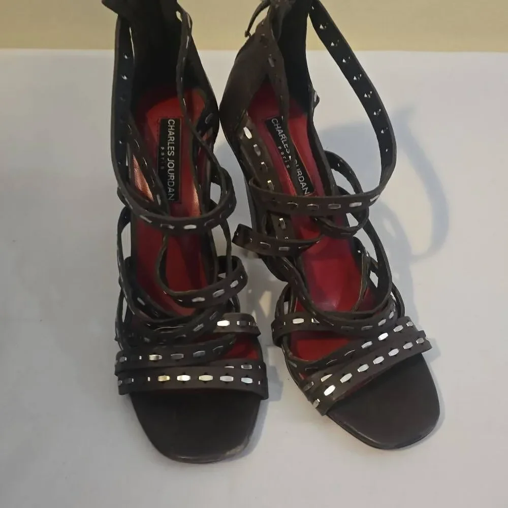 Charles Jourdan Brownish Gray Leather Sandals w/Heels, Flat Studs, Size 9, NEW